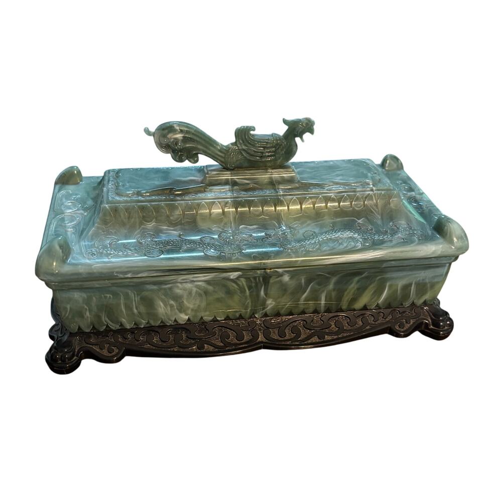 Vintage trinket box storage container Asian dragon green & black pressed plastic